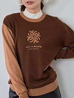 ジュン&ロペ　25年秋冬新作　モノグラムモチーフ配色長袖クルーニット　ERM75300